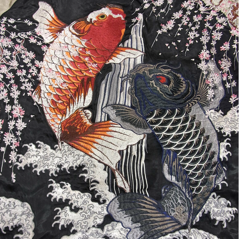 希少　花旅楽団  SCRIPT  金魚　黒×赤　和柄刺繍　リバーシブル　花鳥風月身幅約57着丈約63