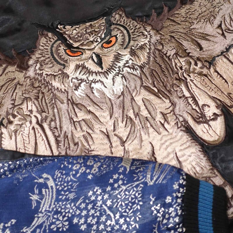 素材ベロアROTAR スカジャン　刺繍　フクロウ　ブラック